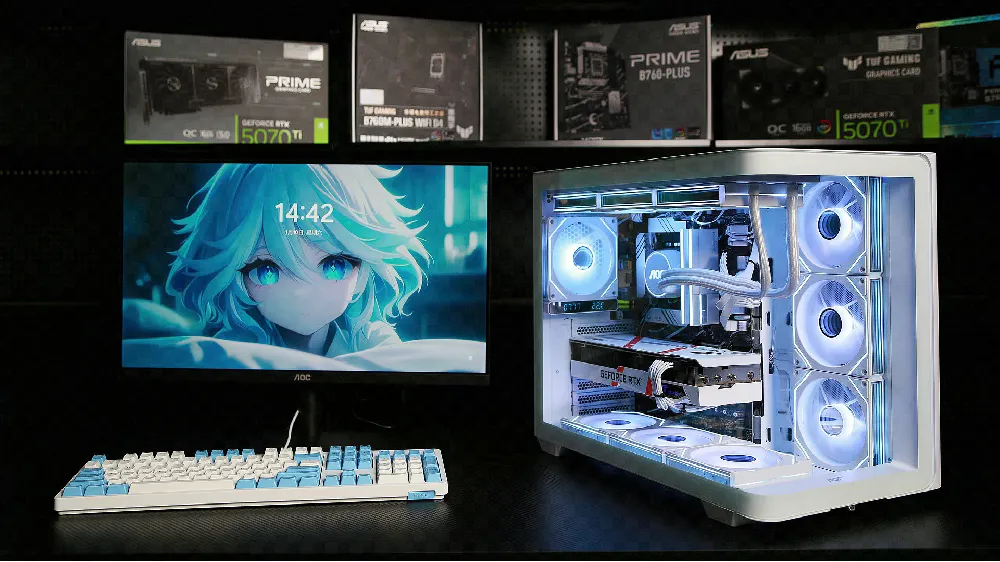 AOC震天弓CG455白色 ATX海景房机箱：一体式曲面弯玻/10风扇位/360水冷/左右分仓/快拆设计