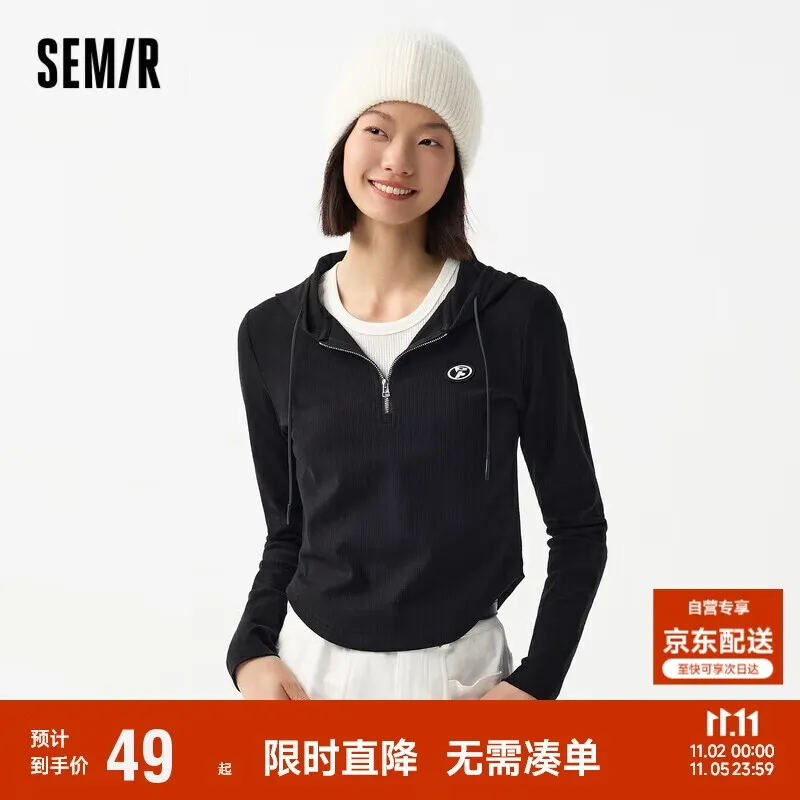 森马永久联名长袖T恤女短款紧身春季连帽101124101006