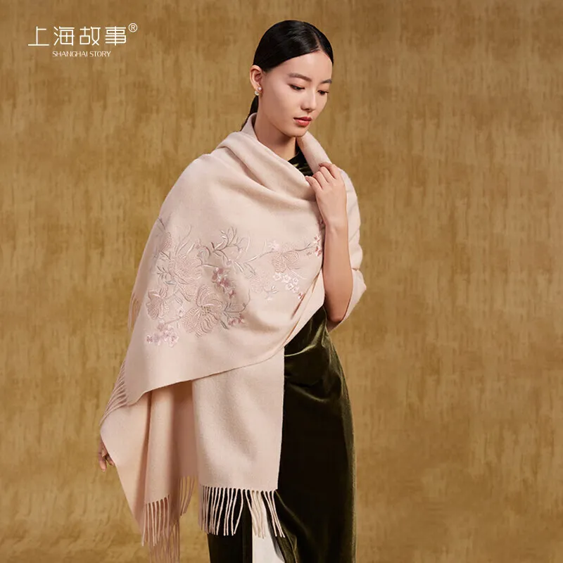 上海故事国风富雅繁花100%羊毛彩绣围巾女大披肩礼盒送妈妈圣诞节生日礼物