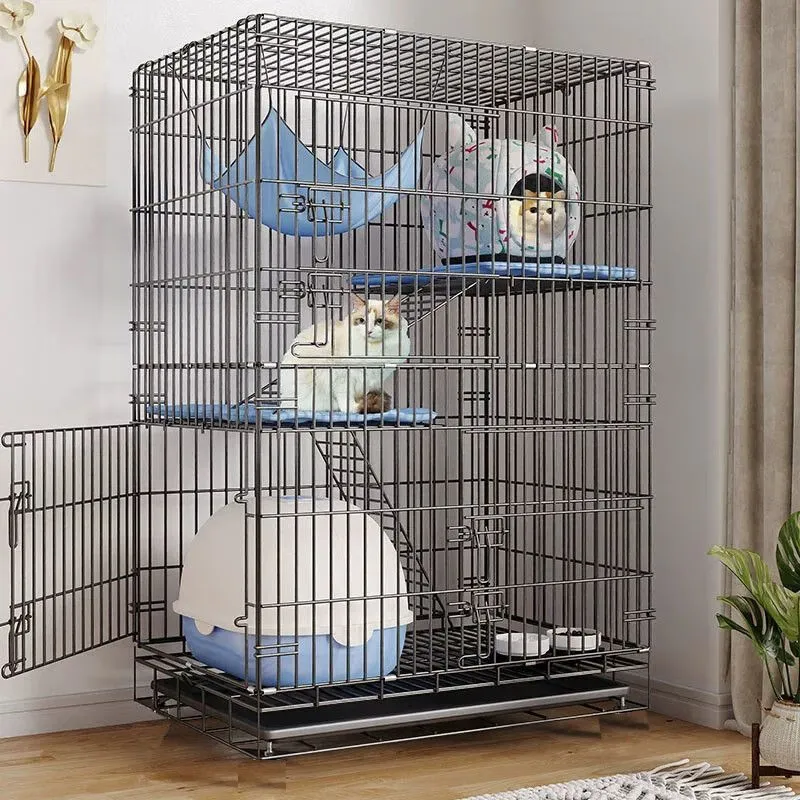 OYKTN家用室内猫笼子猫别墅猫咪窝双层三层四层可折叠宠物猫笼超大空间 黑 小号单层50*35*45 套餐一:笼子+托盘+扎带+平台爬梯
