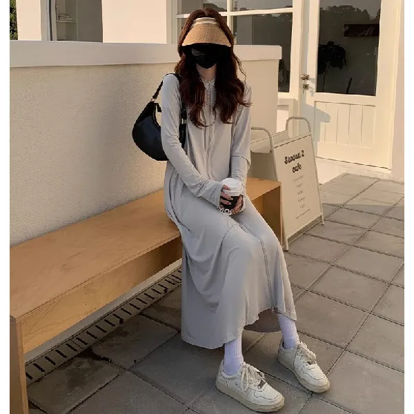 目丸防晒衣女夏季2026新款电动车紫外线长款全身开衫裙冰丝外套防晒服 浅灰色【全身长款】 均码 (90-150斤)