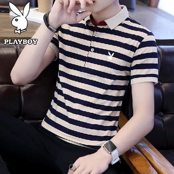 花花公子（PLAYBOY）短袖Polo衫 夏季男士商务休闲翻领条纹上衣 绿条纹 M码