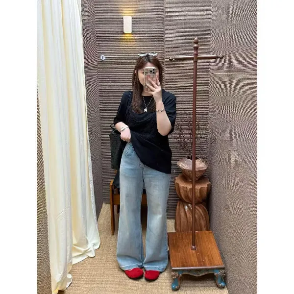 晶咕佳佳【蔚蓝喇叭】水洗高腰牛仔裤气质显瘦微弹软糯休闲百搭时尚 浅蓝(裤子) M(建议120斤以内) 均码