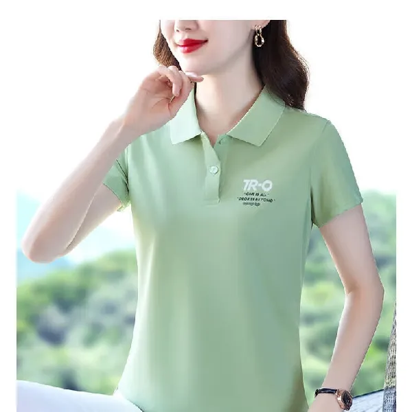 女夏季新款翻领短袖t恤 草绿色妈妈装polo衫 修身显瘦印花有领上衣
