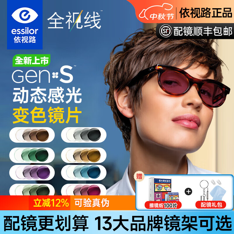 依视路（ESSILOR）感光全视线钻晶膜洁第九代变色膜岩变灰色膜致防蓝光配近视镜片 钻晶膜岩GEN S变色【定制】 1.61(薄)