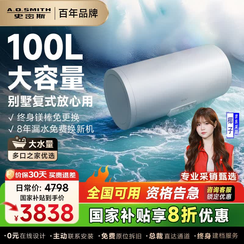 史密斯（A.O.SMITH）【补贴不限区域】电热水器100升终身免换镁棒双棒双3kW速热家用洗澡一级能效节能大容量E100MDG 100L 3000W 澎湃沐浴大水量