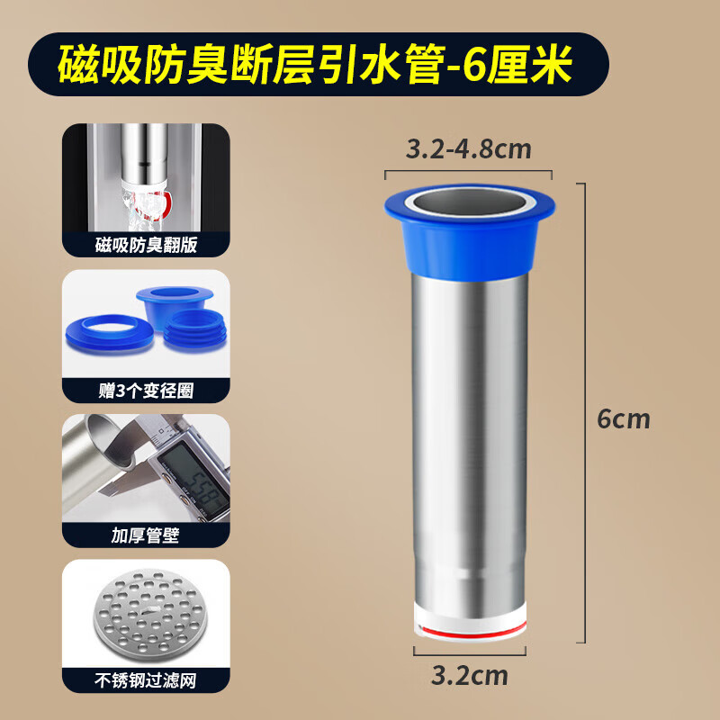 挚霸下水道断层加长地漏内芯加高增高防臭神器不锈钢水封延长管引水管 磁吸防臭丨6cm引水管丨带滤网