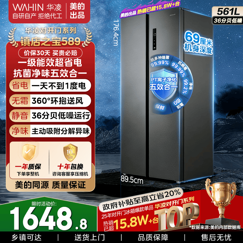 美的(Midea)出品561L华凌589/588超薄大容量对开门双开门冰箱一级能效风冷无霜净味除菌家用电冰箱国家补贴20% HR-589WKP