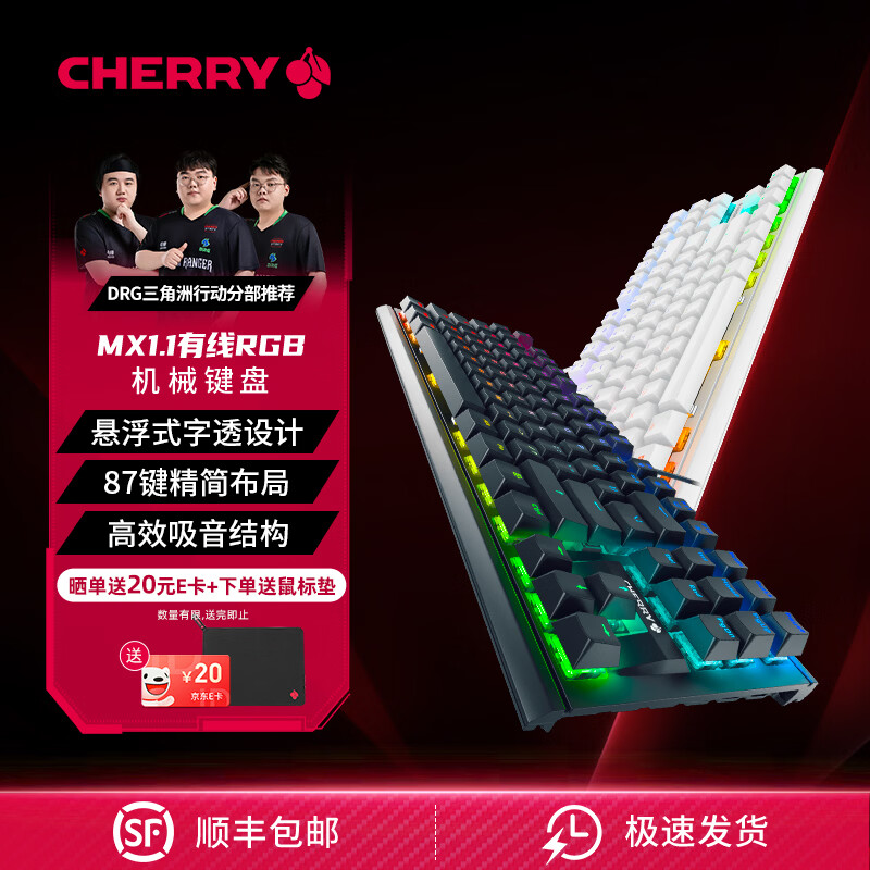 CHERRY樱桃MX1.1机械键盘87键 游戏键盘 有线键盘 悬浮式无钢结构 RGB灯效 MX1.1-雪原极光RGB-红轴