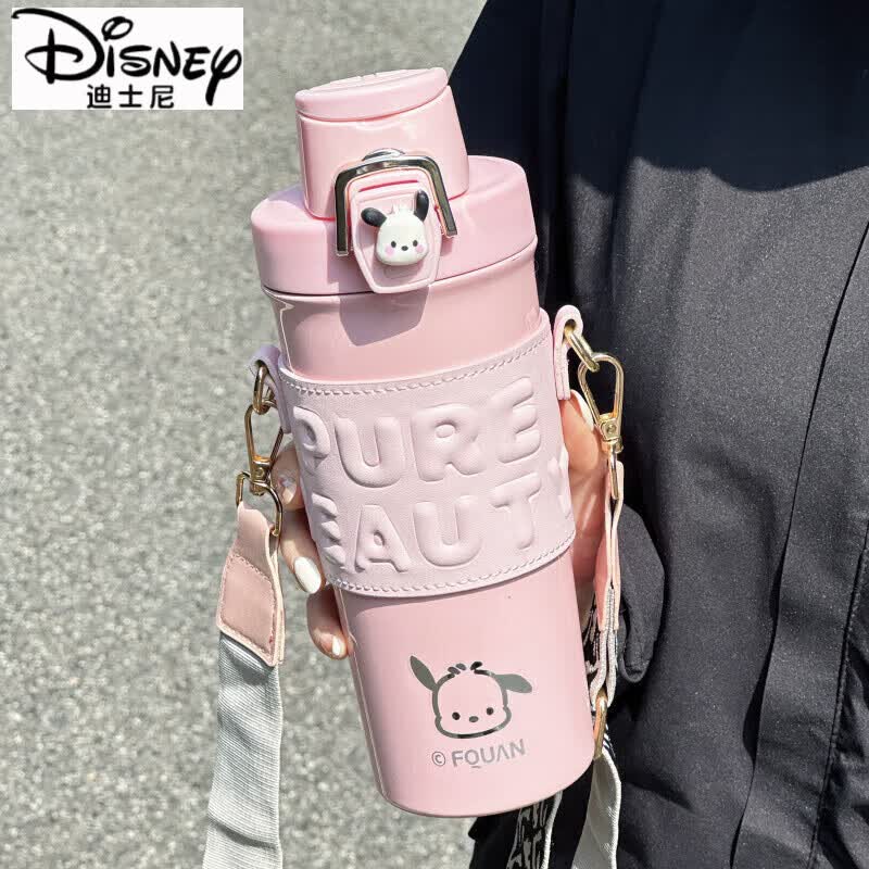 迪士尼（Disney）大容量保温杯ins风女生双饮水杯斜跨便携学生2025新款情侣款杯子 粉色赠五个立体贴+小帕贴 680ml