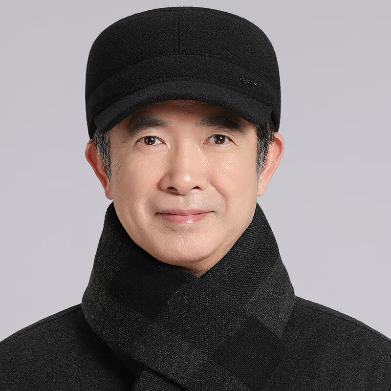 畅印冬天中老年人帽子男士爸爸保暖老人平顶毛呢爷爷老头护耳鸭舌帽 黑色 均码 可调节