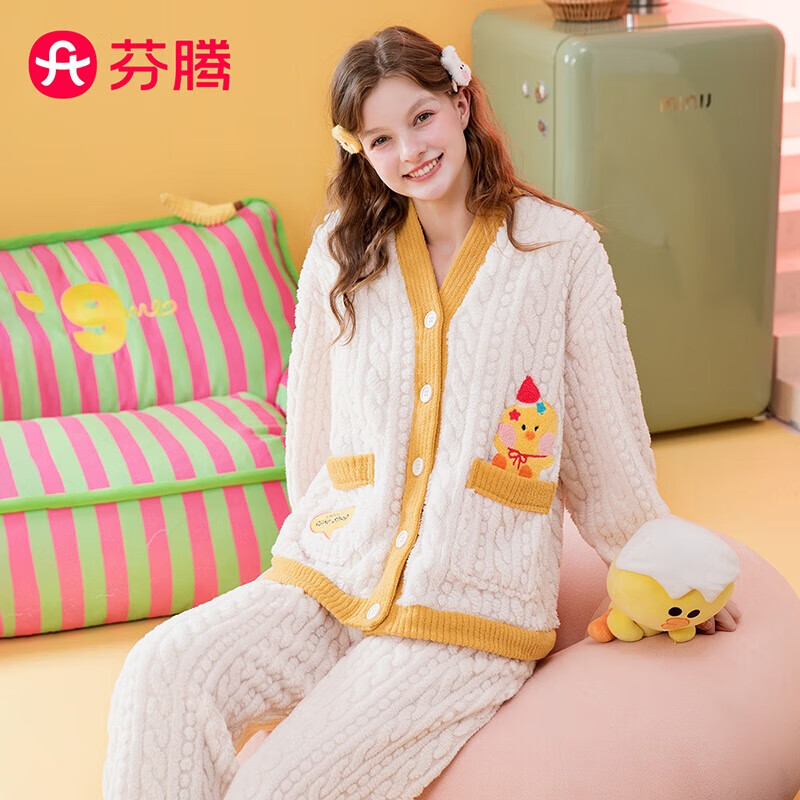 芬腾睡衣女【布朗熊IP联名】秋冬v领卡通加绒加厚开衫家居服套装 米杏 L