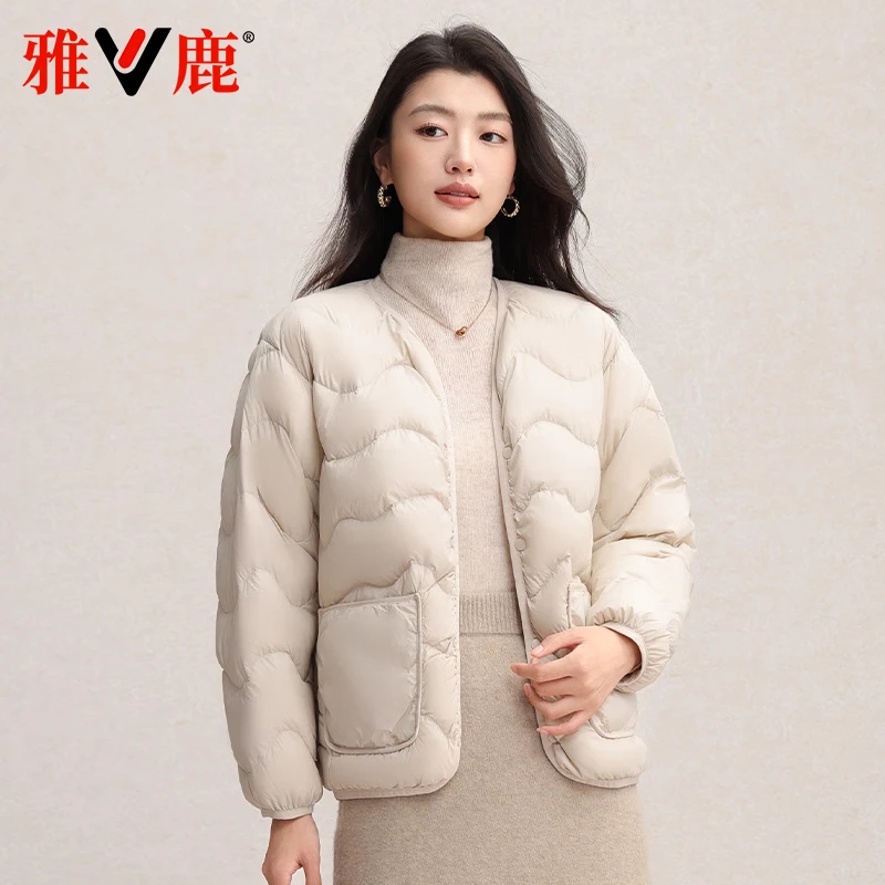 雅鹿2025新款轻薄羽绒内胆女外穿时尚百搭短款内搭小个子潮流休闲外套 米白色 L 建议100-120斤