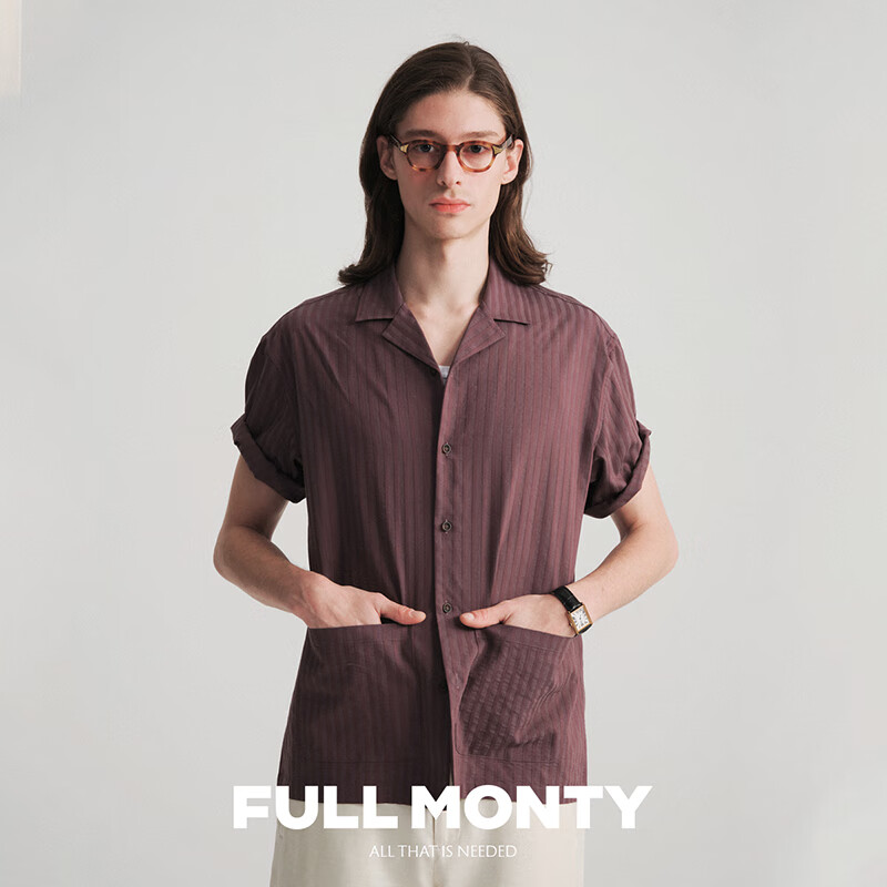 FULL MONTY古巴领短袖衬衫男士提花条纹休闲宽松衬衣2025年春夏 绛紫色10020 M