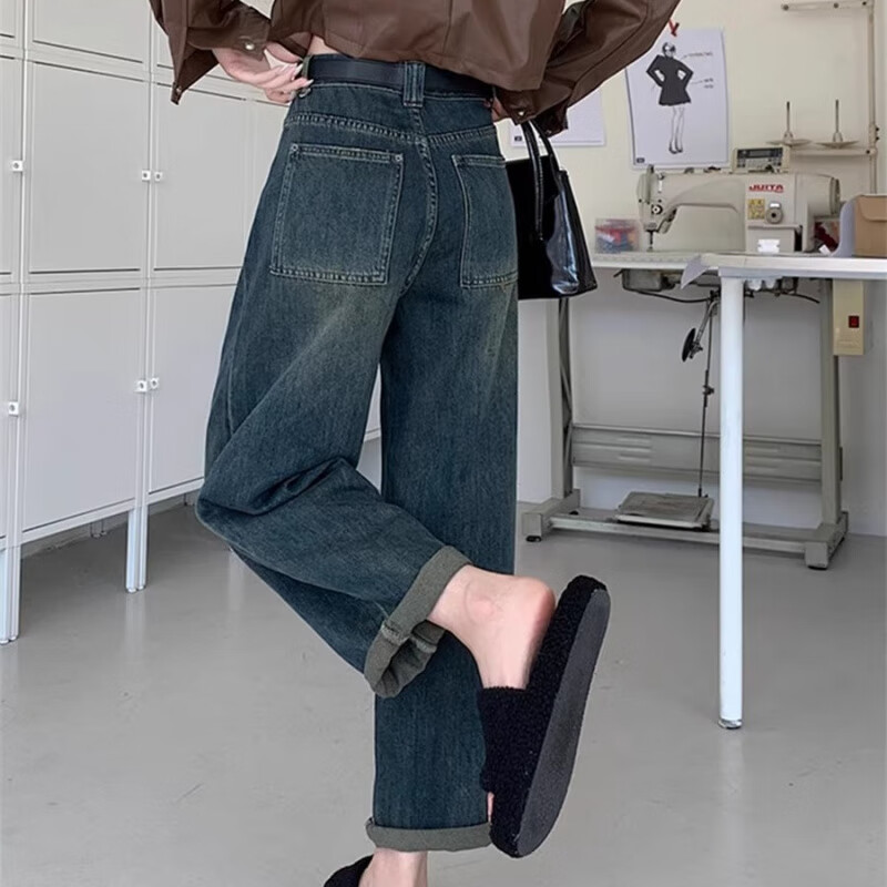 忆思减复古水泥灰哈伦牛仔裤女2025秋季水洗高腰宽松显瘦直筒老爹烟管裤 复古蓝九分/无腰带【高品质】 L 【建议110-120斤】