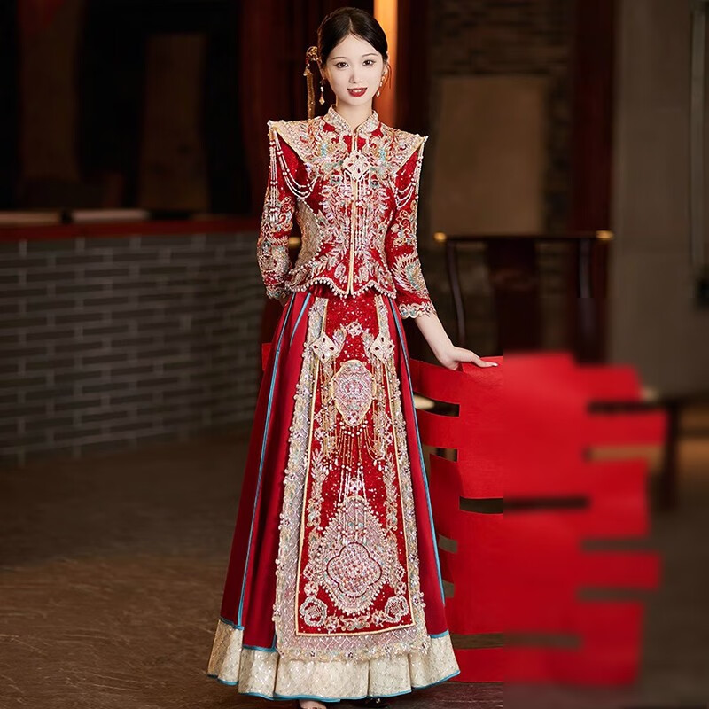 枝己秀禾服新娘婚纱2024新款中式嫁衣结婚礼服古装婚服敬酒服龙凤褂 丝绒23813 M