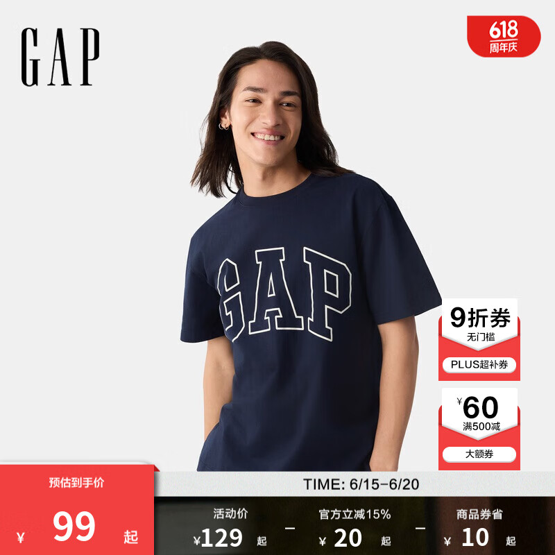 Gap男女装2025春季新款纯棉印花logo短袖T恤宽松休闲上衣725617 海军蓝 L (175/96A) 亚洲尺码