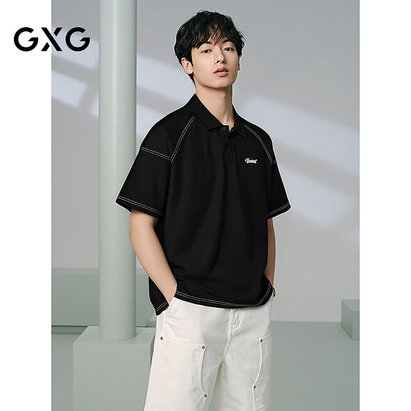 GXG男装 明线设计翻领POLO衫通勤休闲短袖上衣 2025夏季新品 黑色 M