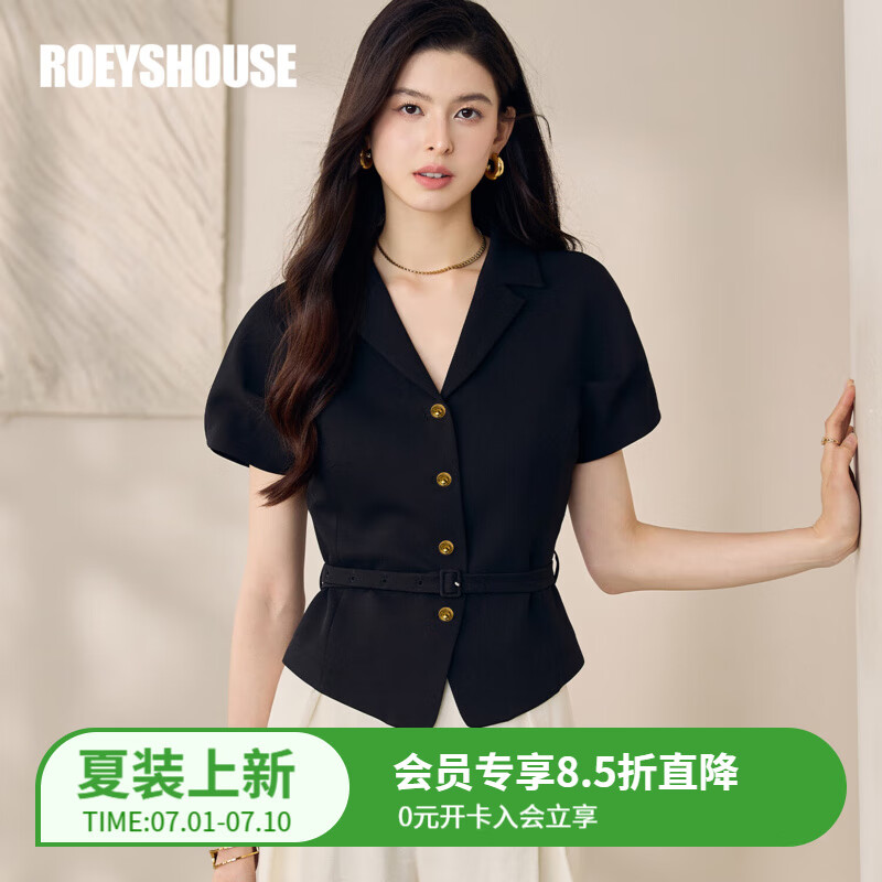 ROEYSHOUSE罗衣气质时尚黑色系带衬衫2025夏季新款通勤泡泡袖修身上衣12385 黑色 S