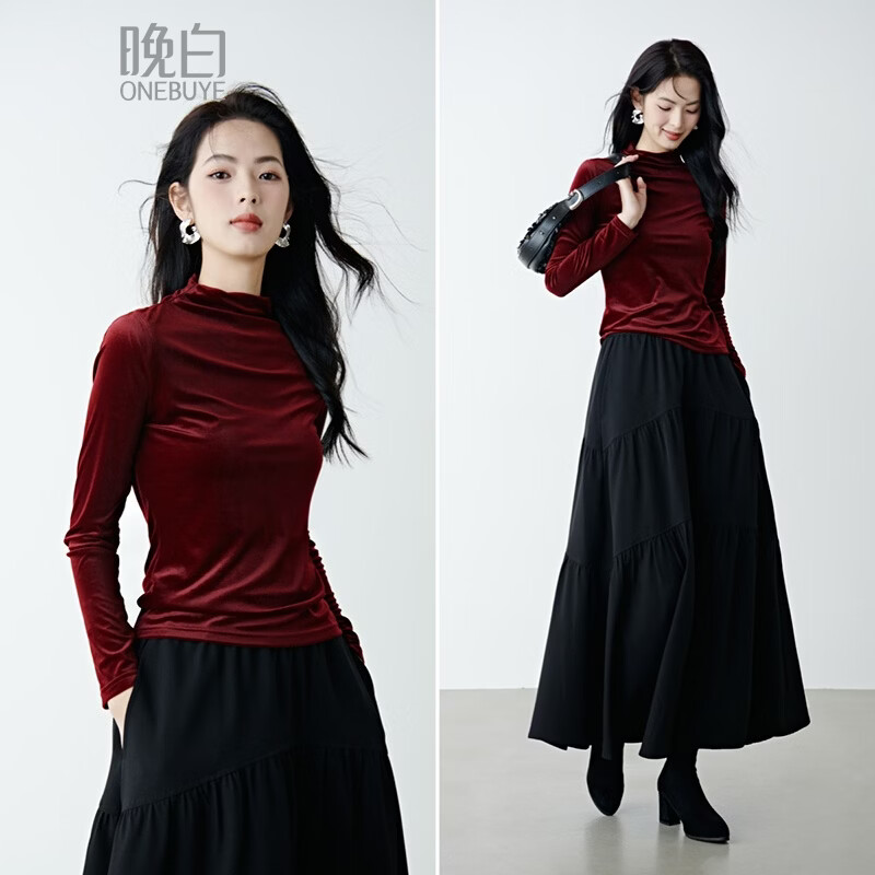 晚白【新品】春款时尚复古红丝绒立领上衣弹力修身亲肤打底衫女 酒红色 L