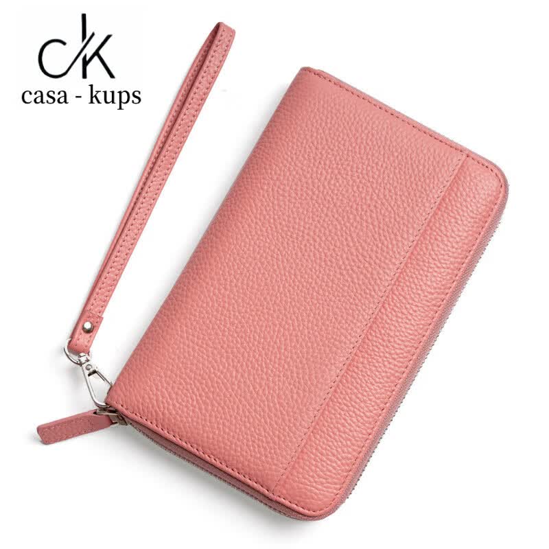 casa-kups真皮钱包新款长款女护照包大容量卡位存折包拉链通帳本钱夹rfid 浅粉色/ Light Pink