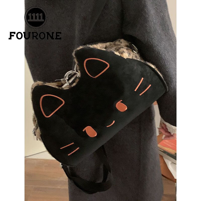 FOUR ONEFOUR ONE小众设计豹纹包包女新款可爱小猫双肩包书包出游旅行背包 黑色