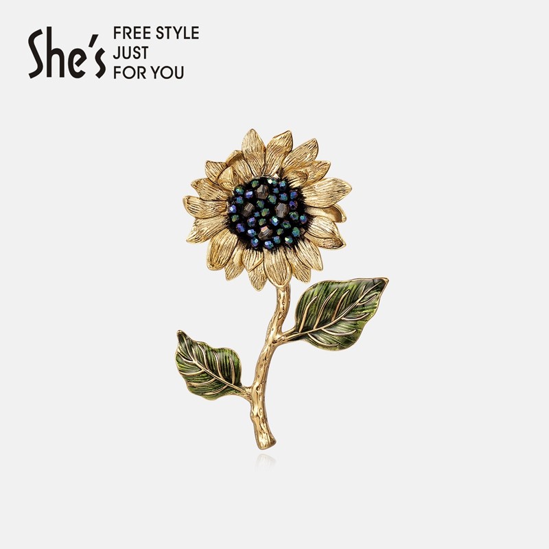 She's茜子梵高向日葵原创手工钉珠复古矿彩水晶胸针高级感胸花生日礼物 金色向日葵D0