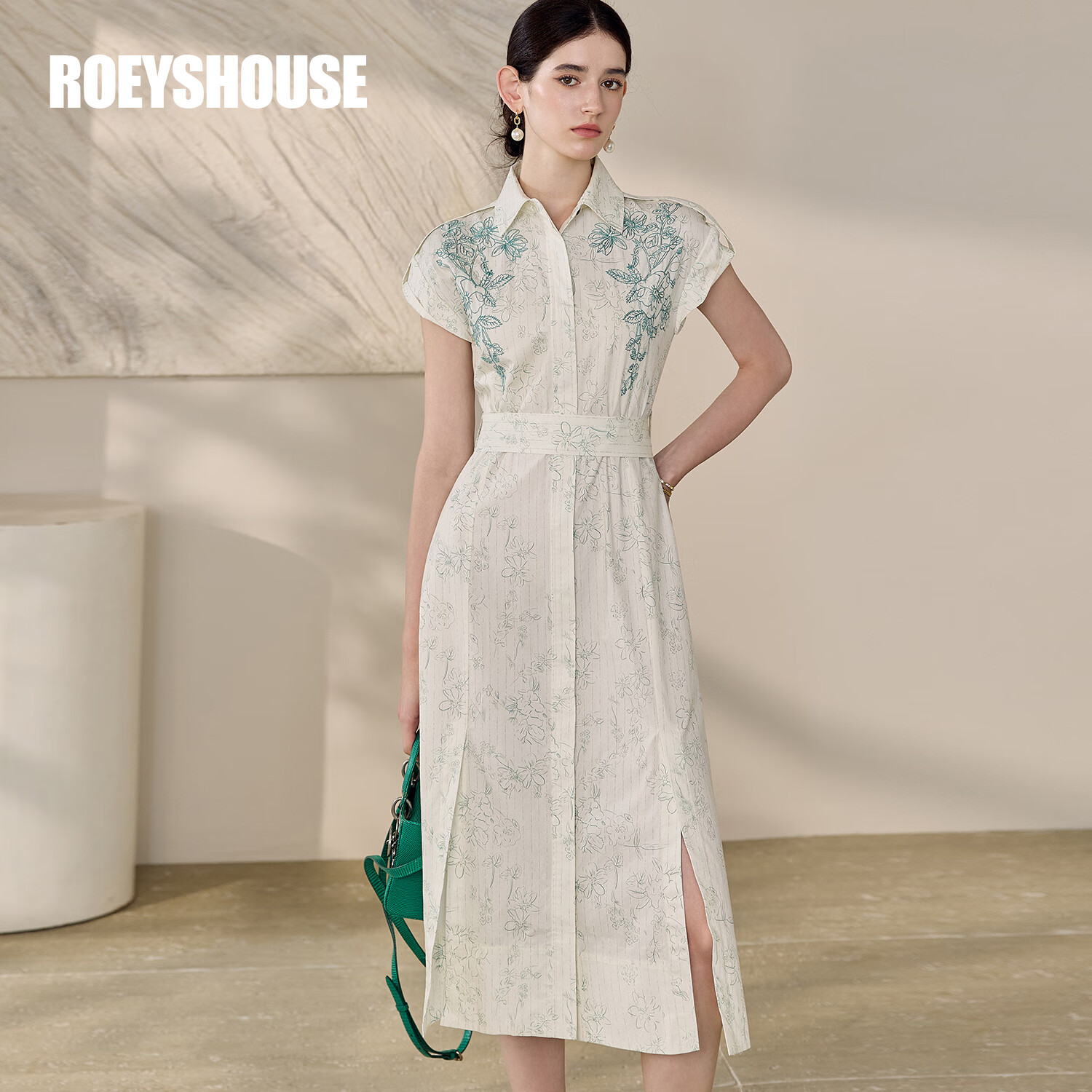 ROEYSHOUSE罗衣时尚通勤印花连衣裙2025夏季新款设计感绣花收腰中长裙12551 花色 L