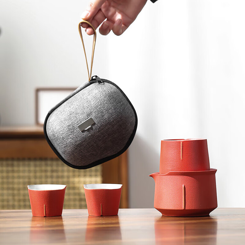 领艺旅行茶具套装便携包陶瓷户外泡茶壶平步青云快客杯一壶三杯故宫红