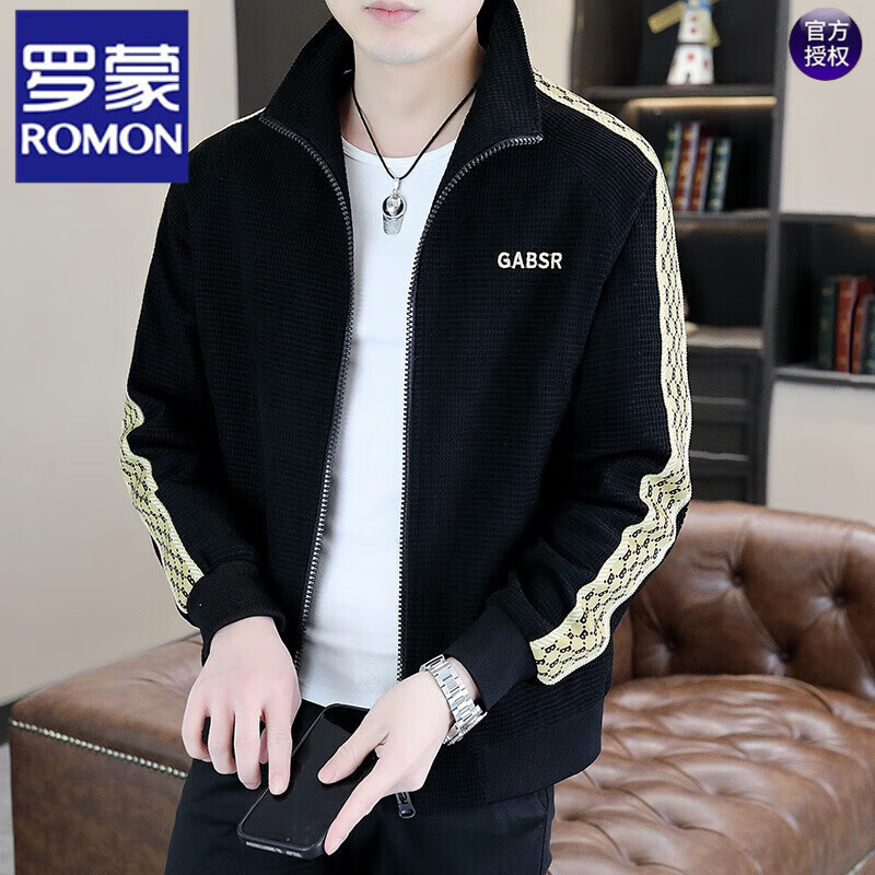 罗蒙（ROMON）立领夹克男春秋季新款2025休闲高级感男装上衣服华夫格春装外套男 2309黑色 L 170