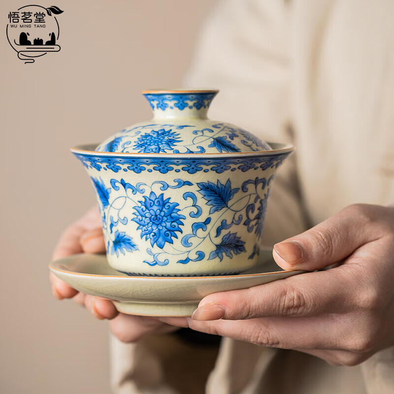 悟茗堂青花汝窑三才盖碗茶杯三件套大号手抓防烫泡茶碗