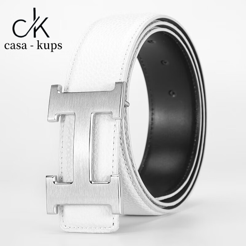 casa-kups爱马男仕皮带男2025新款真皮头层牛皮腰带简约时尚裤腰带男韩版 白色白线+银色铜扣[宽3.8CM] 100cm