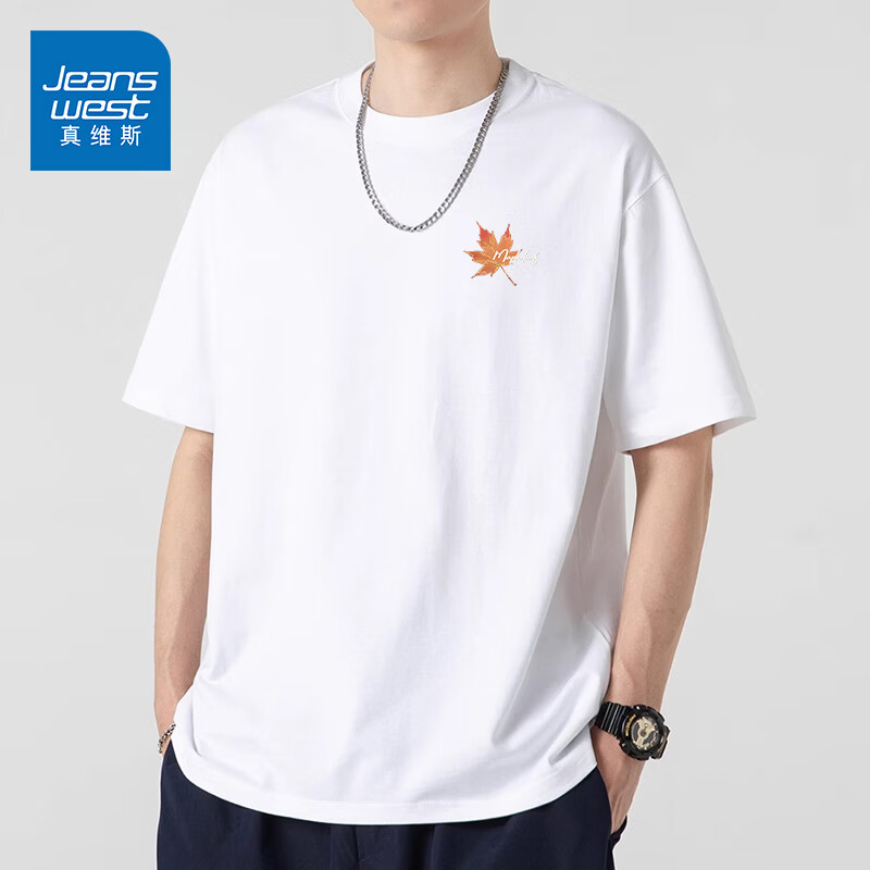 真维斯(Jeanswest)短袖男款夏季vibe风重磅纯棉半袖新款青少年全棉设计感潮牌t恤男 白色(秋叶胸标) S /165(品控严格)