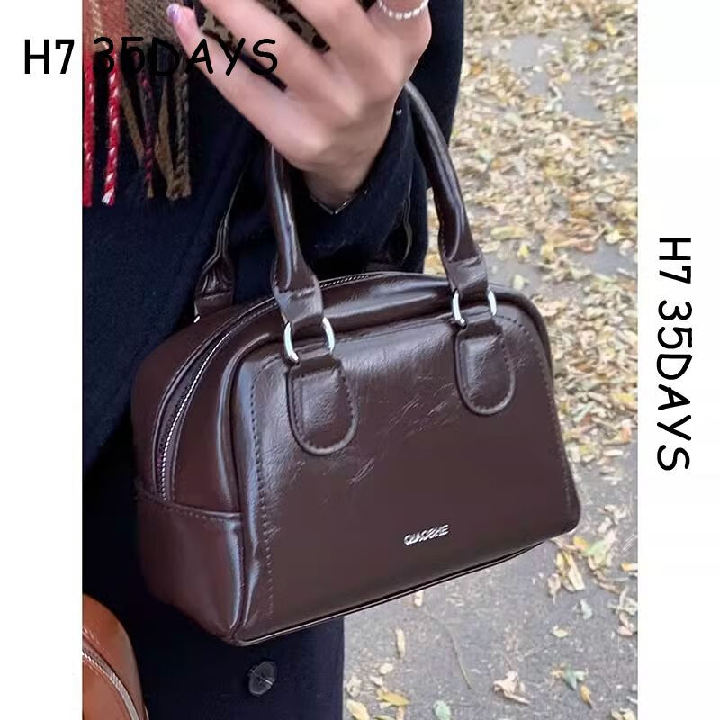 H7 3-5DAYSH7复古小众手提保龄球包包女高级感潮韩国小方包百搭斜挎包红色包 咖色