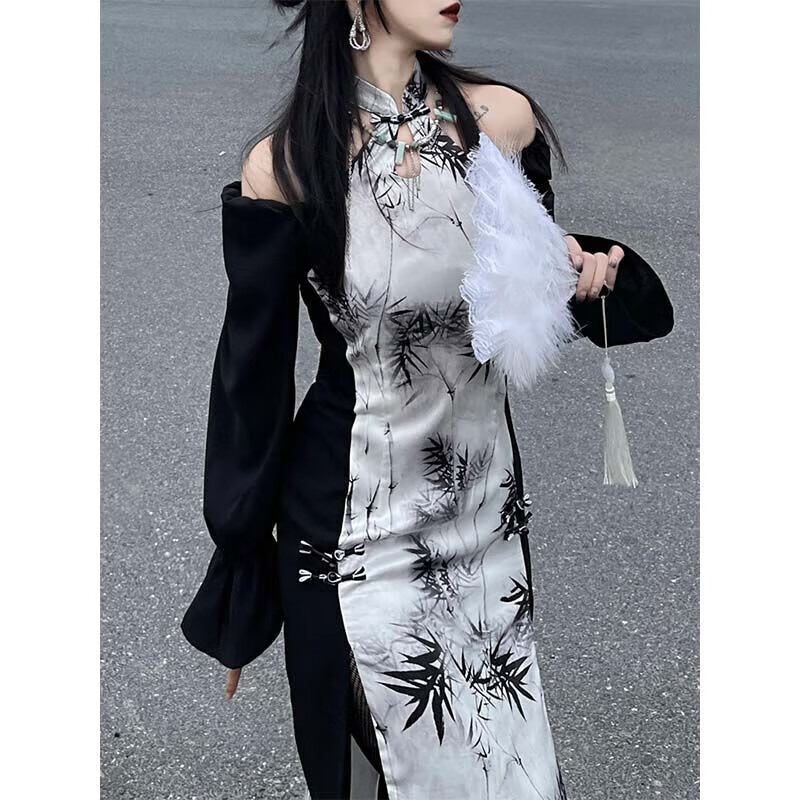 鲁伊森画报夫人旗袍【盖竹柏影】新中式国风印花连衣裙春夏新款修身挂脖 连衣裙高品质 L110125斤