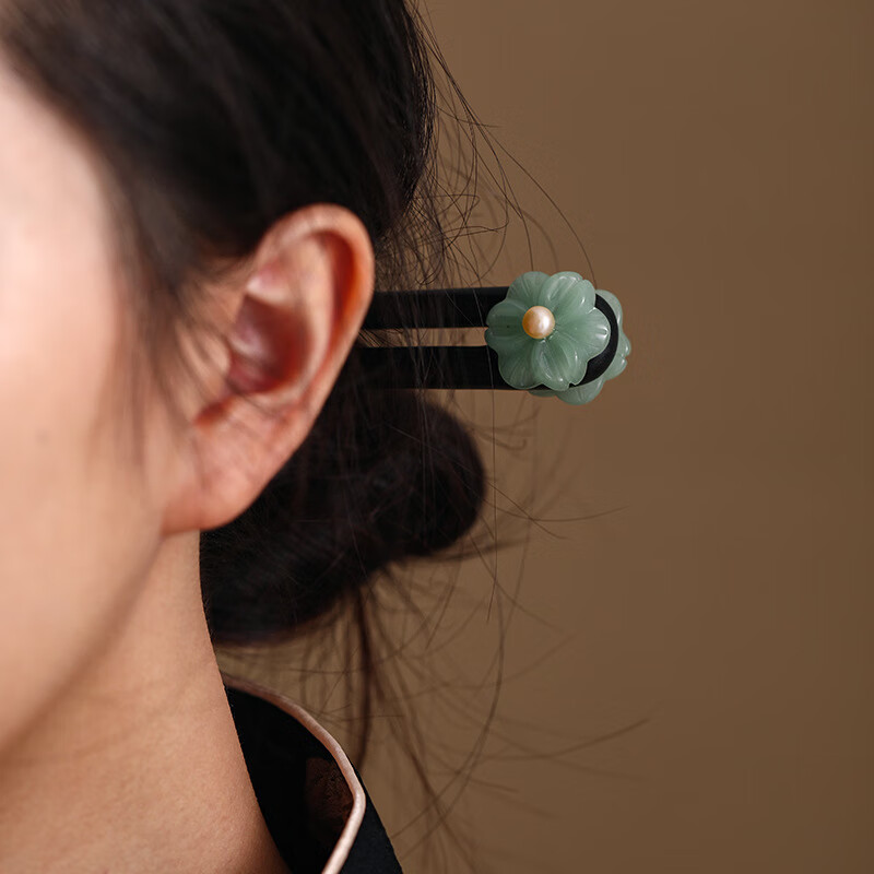苏十六黑檀木古风发簪女岫玉花朵古风木簪原创新中式簪子盘发汉服头饰 岫玉花朵檀木发簪