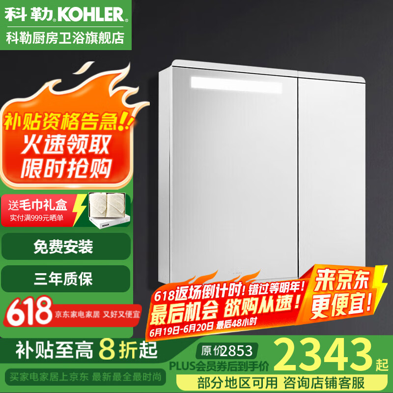 科勒（KOHLER） 镜柜亲悦储物镜柜浴室防雾镜柜壁挂式带灯化妆镜柜 32048T-800mm（双开门）