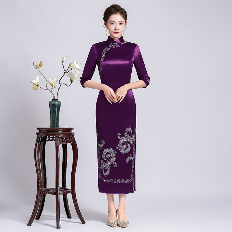 玫芙娜旗袍中国风喜婆婆婚宴礼服高端复古气质改良时尚刺绣旗袍礼服长款 紫色 XXXL
