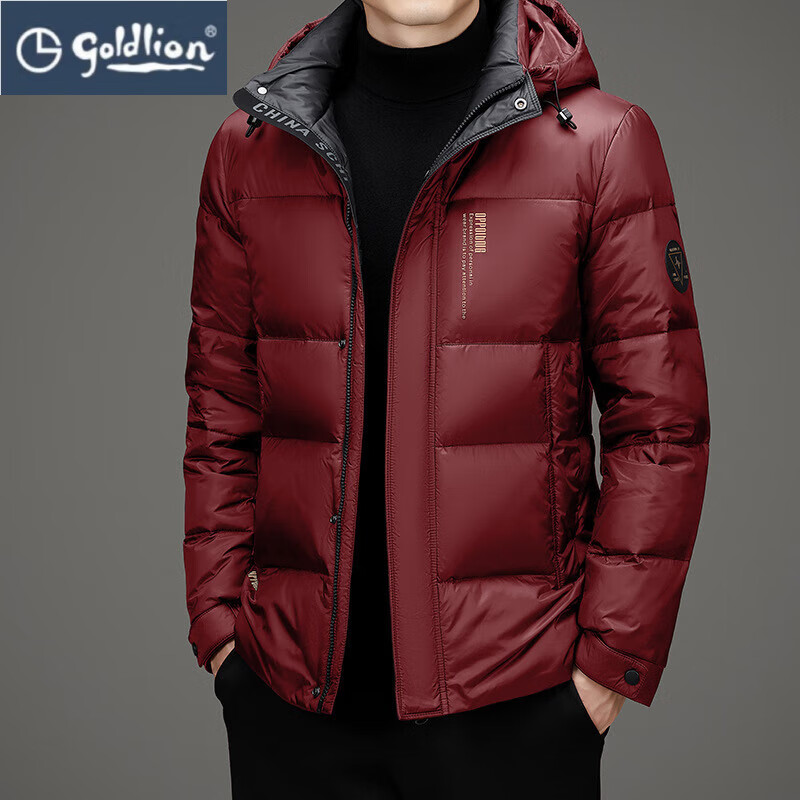 GOLDLION G+金利来高充绒男士黑金羽绒服男加厚中青年保暖连帽短款休闲爸爸装 红色 M 170