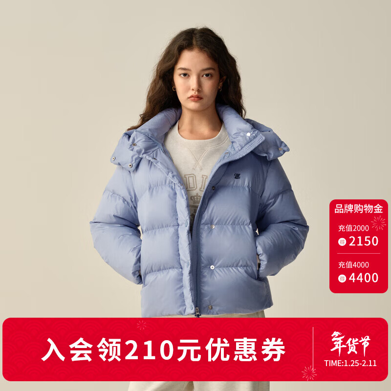 ELAND衣恋羽绒服女时尚短款立领保暖连帽外套2025冬季新款 浅蓝色(51)L/Blue L /170