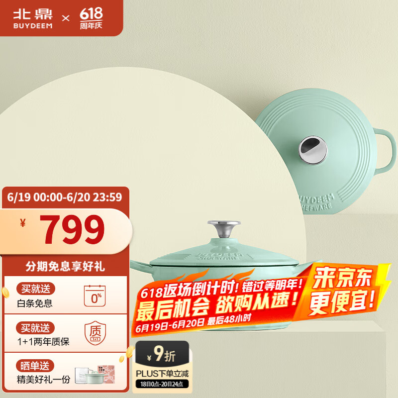 北鼎(Buydeem)珐琅锅 铸铁炖锅汤锅 家用煲汤焖炖锅 多功能平底锅具电磁炉火锅 浅杉绿 | 焖炖锅 22cm
