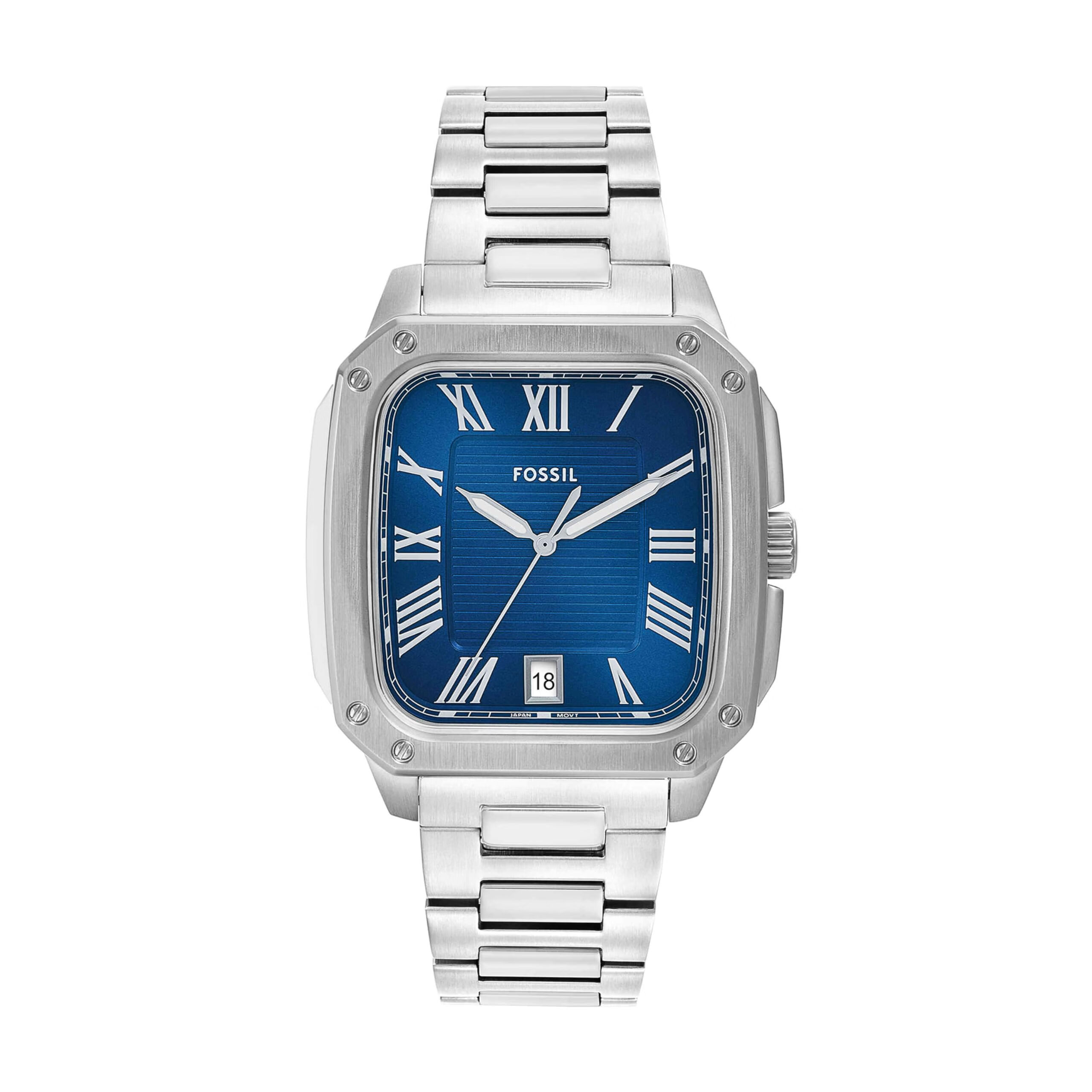 Fossil 男式 Crosby 三指针日期不锈钢手表,FS6121,银色, 银色 Silver/Blue 10.3*42.0*42.0 mm