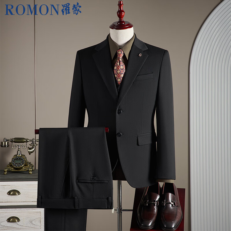 罗蒙(ROMON)【西服+马甲+西裤】西服套装男士商务职业正装西装套装男黑色2XL