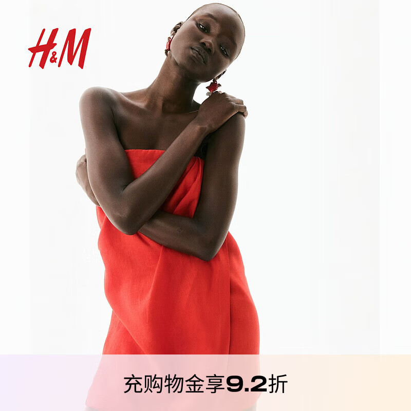 H&M2025年夏季新款女装亚麻抹胸连衣裙1294762 亮红色 M