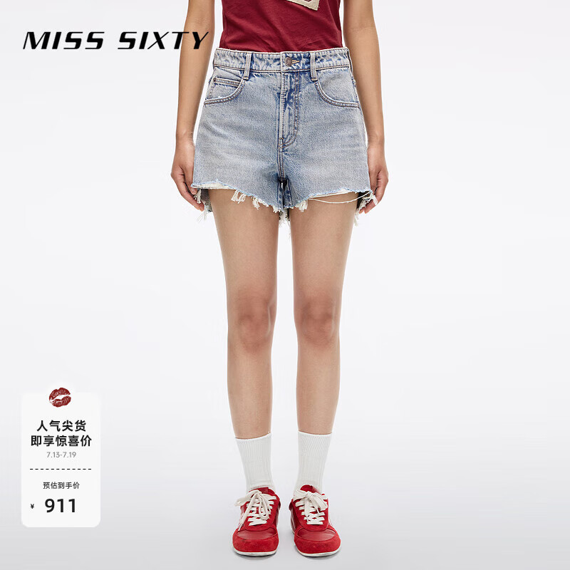MISS SIXTY2025秋季新款牛仔短裤女复古做旧唇印磨破毛边显瘦 中蓝 23
