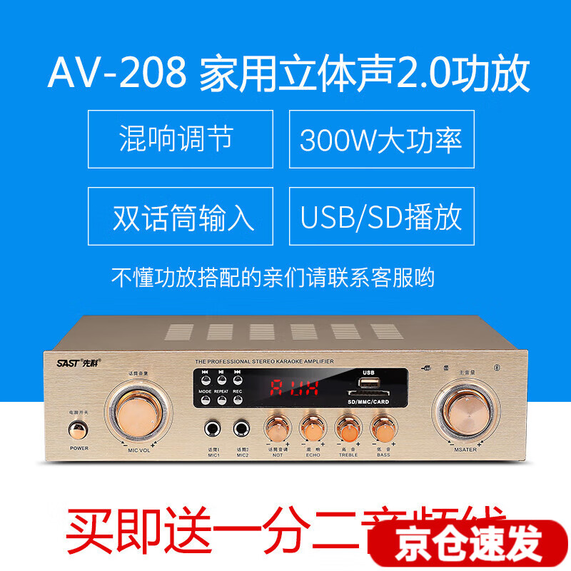 先科(SAST) 定阻功放机蓝牙家用K歌KTV大功率专业音箱空放器音响家庭影院5.1环绕立体声功放机 300W蓝牙定阻功放