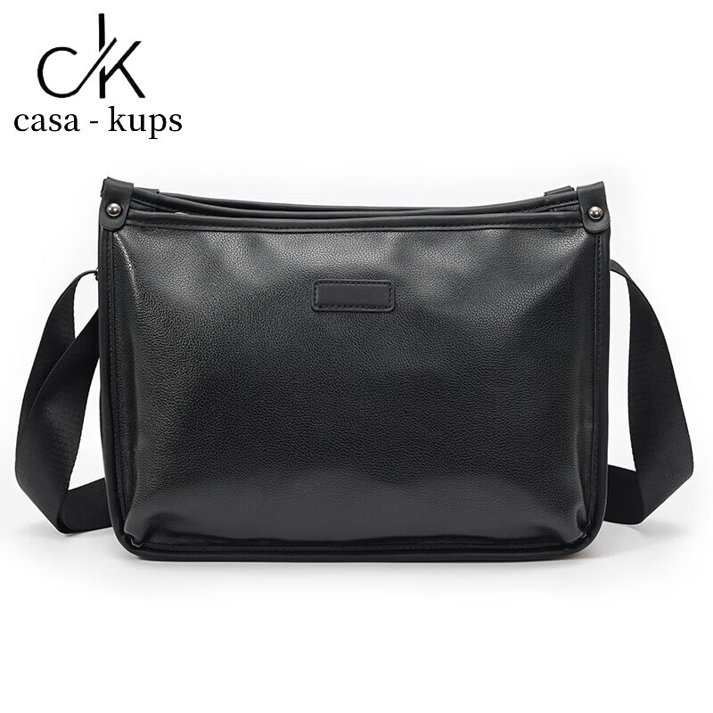 casa-kupsCK男士单肩包韩版时尚皮质潮流户外斜跨包潮牌格子轻商务公文 纯黑色