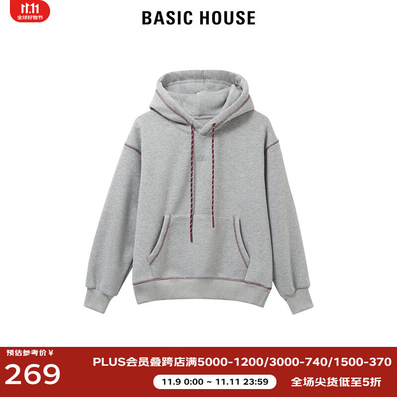 BASIC HOUSE/百家好复古学院风连帽卫衣女2024冬季宽松长袖打底衫O 灰色 F