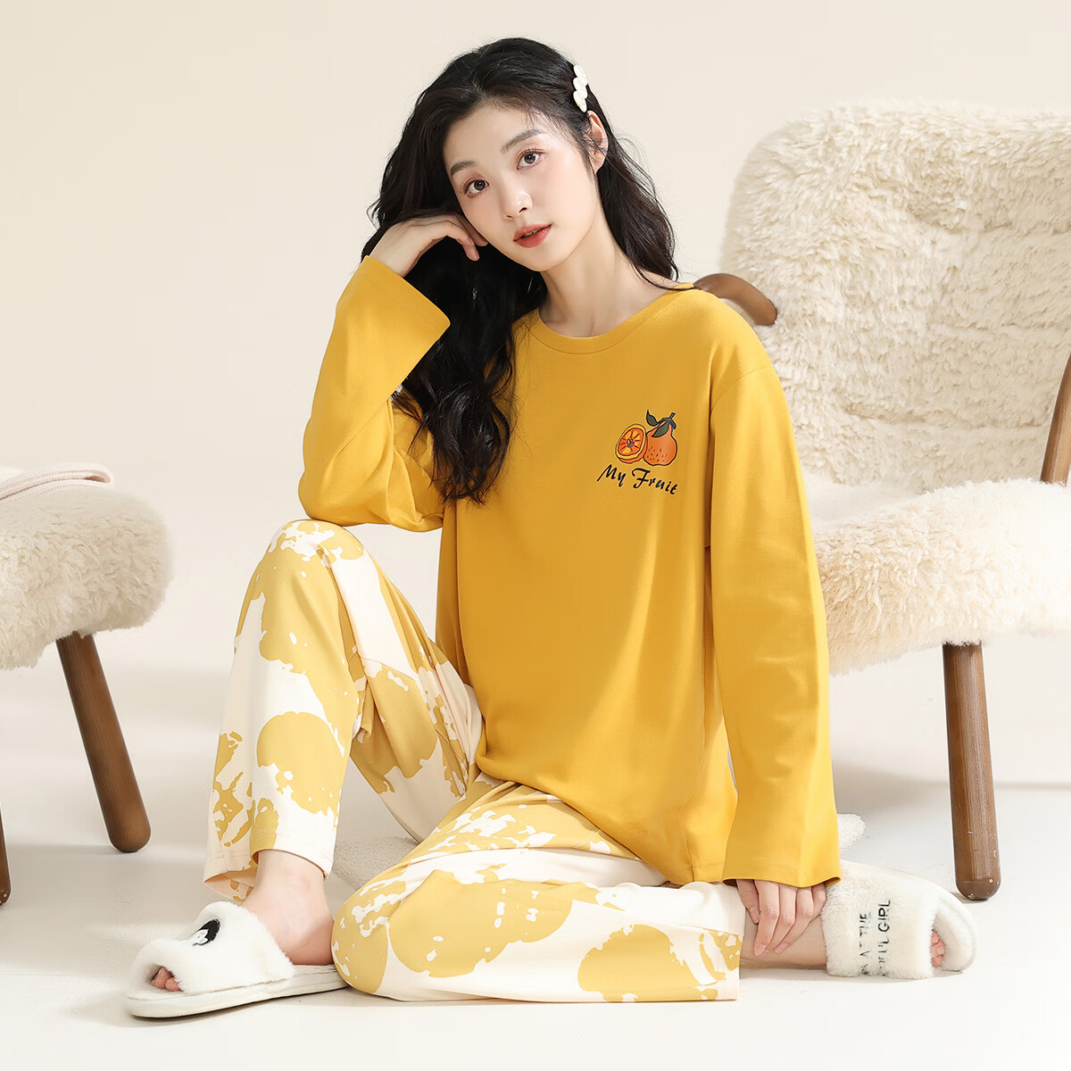 洁丽雅睡衣女春秋季长袖长裤学生纯色水果卡通甜美少女可外穿家居服套装 【长袖长裤】橘子气泡 M【建议75斤-95斤】