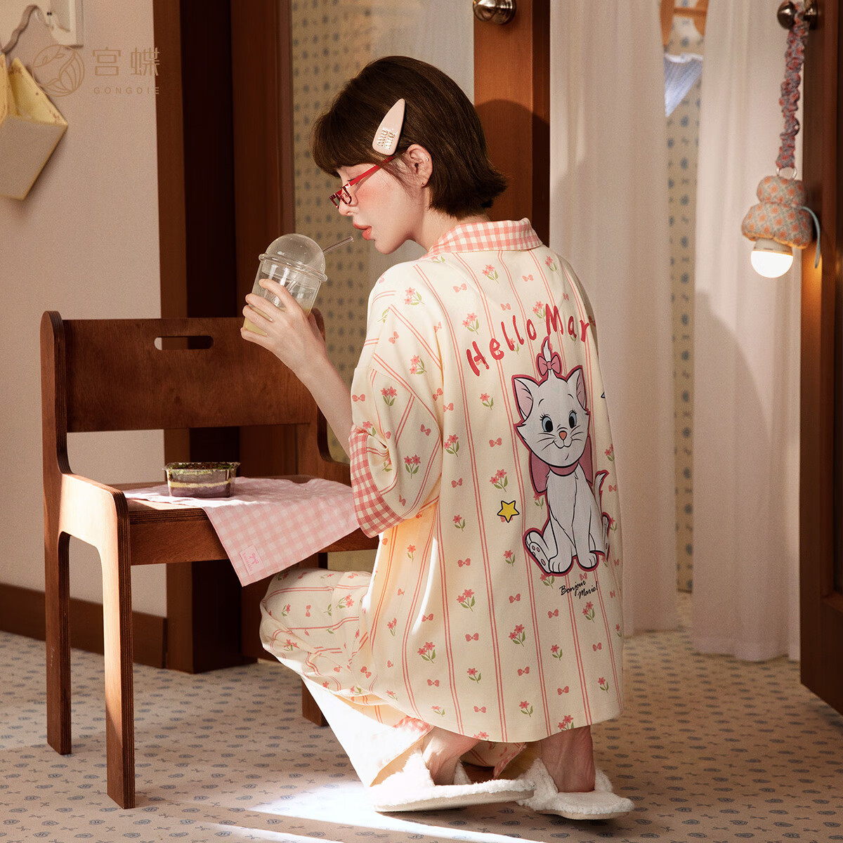 宫蝶宫蝶【3件套】迪士尼玛丽猫睡衣女夏季带胸垫吊带可爱纯棉家居服 玛丽猫三件套（不可拆卸胸垫） L （建议100-120斤）